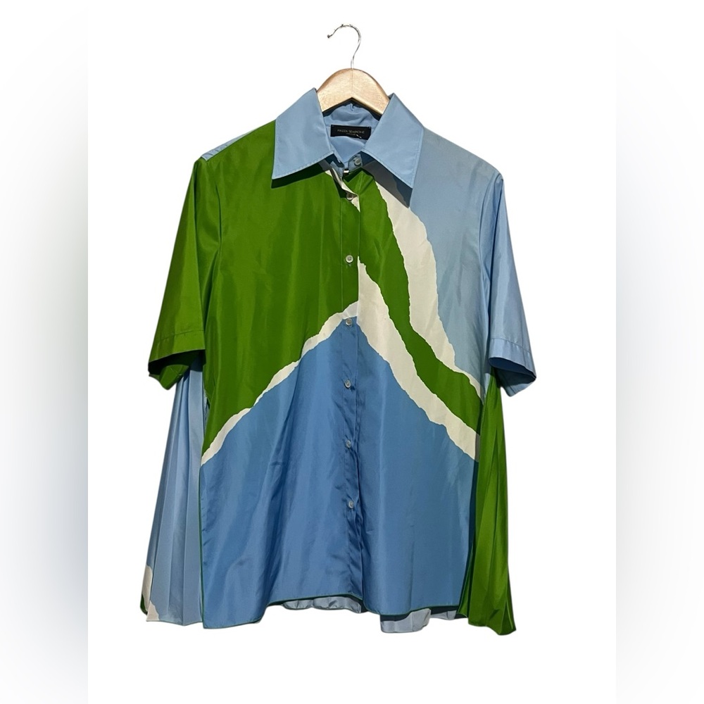 Piazza Sempione Pleated Short Sleeve Top Blouse Blue, Green & White 36 Flowy